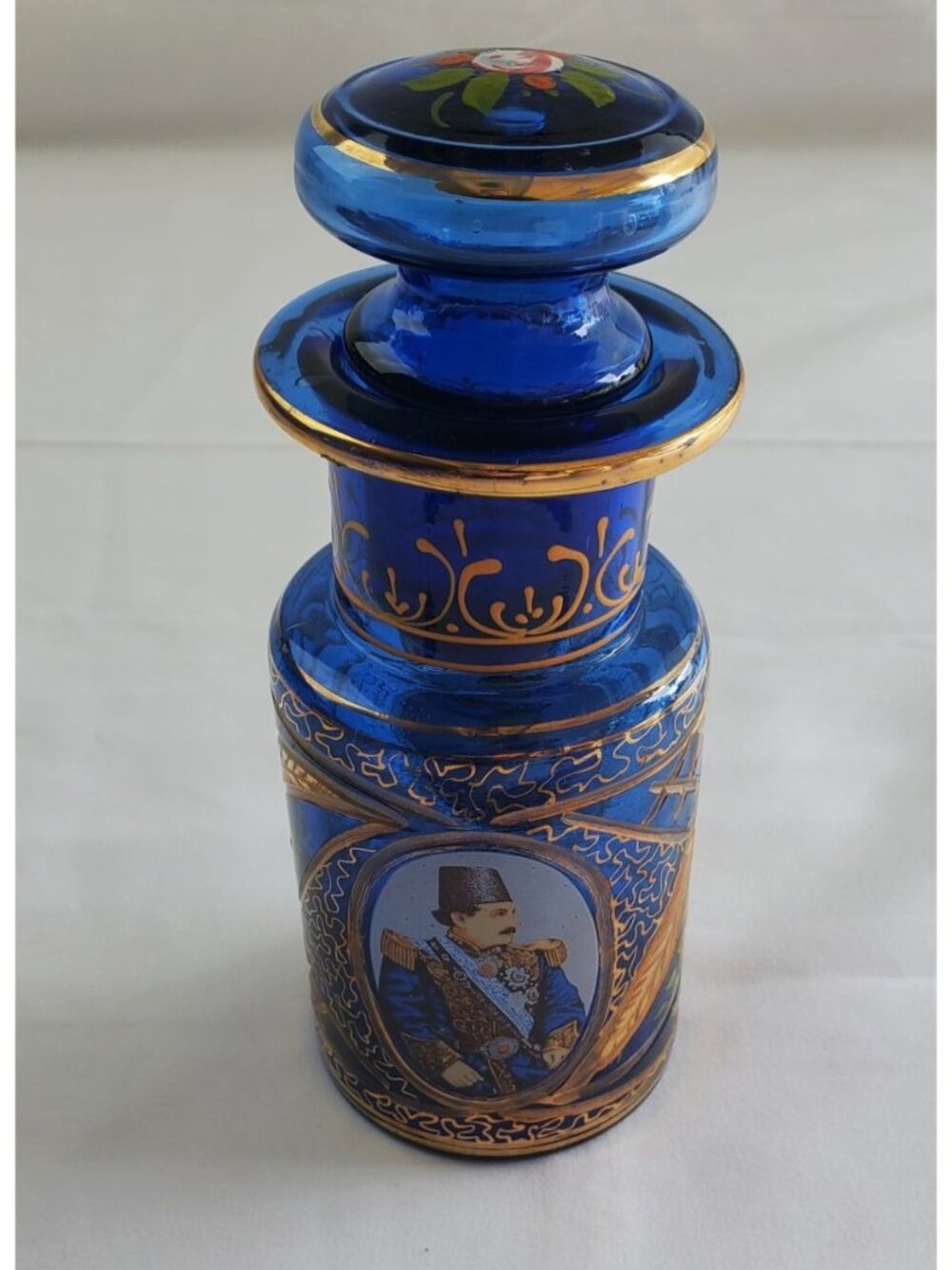 Vtg Cobalt Russian Blue Decanter w/ Etched Gold Flower w/ Stopper Tole Painted